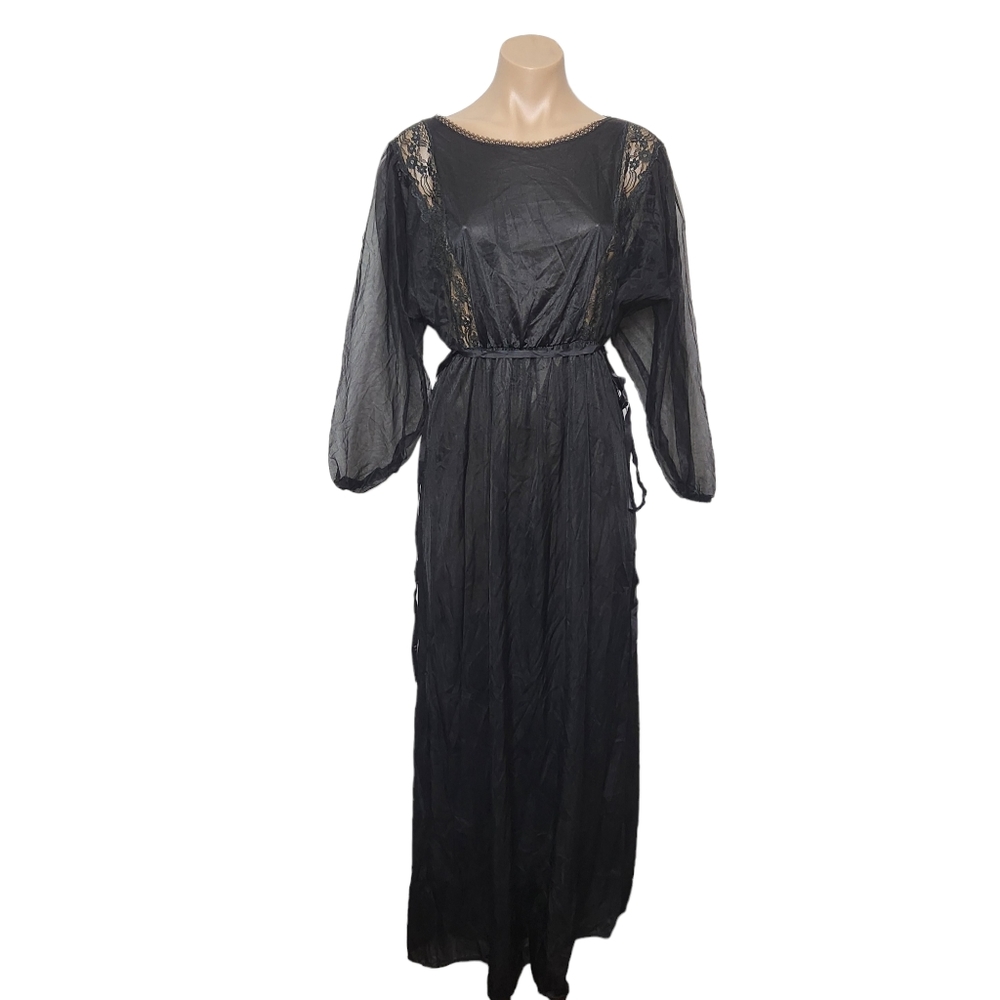 Vintage Undercover Wear Black Gown Black Chiffon Lace Trim Maxi Size Small